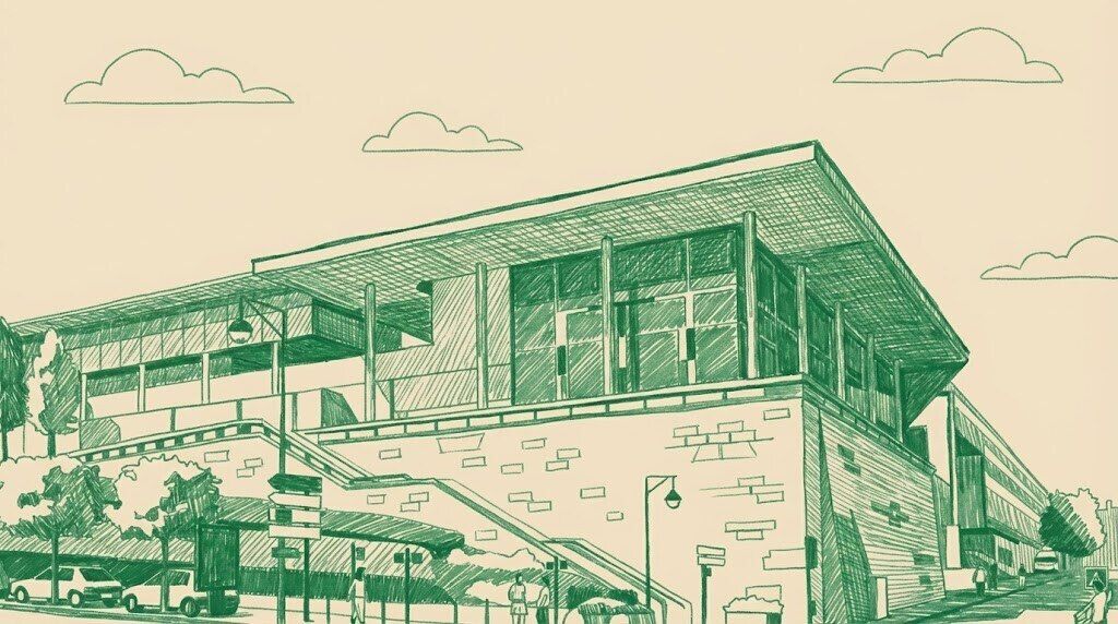 Croquis à l’encre verte du Palais de justice de Pontoise